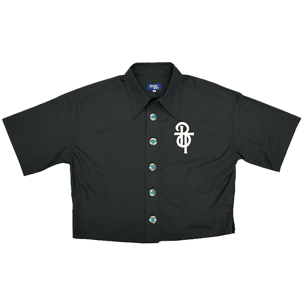 【予約受注】SHORT SLEEVE EMBROIDERY PATCH CROPED SHIRTS / BLACK